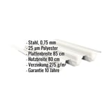 Hochprofil TP104 Dachblech Grauweiß, 0,75 mm Stahl, mit eingeblendeten Eckdaten zu Material und Massen