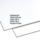 HPL Platte 6 mm, Lichtgrau, mit eingeblendeten Eckdaten zu Staerke, Laenge, Breite und Garantie