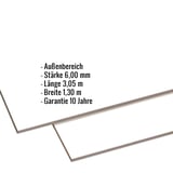 HPL Platte 6 mm Reinweiß mit eingeblendeten Eckdaten zu Außenbereich, Stärke, Länge, Breite und Garantie