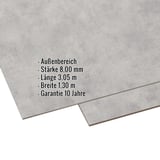 HPL Platte 8 mm Betonoptik, Scobalit, mit eingeblendeten Eckdaten zu Außenbereich, Stärke, Länge, Breite, Garantie