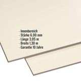HPL Platte 6 mm Beige mit eingeblendeten Eckdaten zu Staerke, Laenge, Breite und Garantie