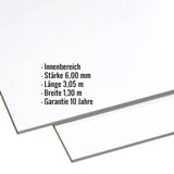HPL Platte 6 mm lichtgrau, Eckdaten eingeblendet: Innenbereich, Stärke 6,00 mm, Länge 3,05 m, Breite 1,30 m, Garantie 10