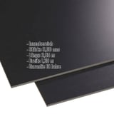 HPL Platte Innen 6 mm schwarz mit eingeblendeten Eckdaten zu Stärke, Länge, Breite und Garantie