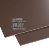 HPL Platte 6 mm Braun, Scobalit, mit eingeblendeten Eckdaten zu Staerke, Laenge, Breite und Garantie