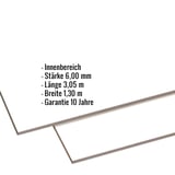HPL Platte Reinweiß 6 mm mit eingeblendeten Eckdaten zu Innenbereich, Stärke, Länge, Breite und Garantie