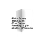 Innenecke aus Stahl, 0,50 mm, lichtgrau, mit eingeblendeten Eckdaten zu Material und Beschichtung