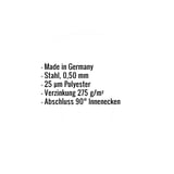 Infografik mit Eckdaten: Made in Germany, Stahl 0,50 mm, 25 µm Polyester, Verzinkung 275 g/m², Abschluss 90° Innenecken