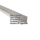 Innenecke aus Stahl 0,50 mm Weißaluminium RAL 9006 mit 25 µm Polyesterbeschichtung, Eckdaten eingeblendet