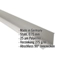 Innenecke aus Stahl, Weißaluminium RAL 9006, mit eingeblendeten Eckdaten zu Material, Stärke und Beschichtung