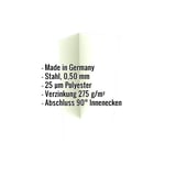 Innenecke Stahl Grauweiß 0,50 mm mit eingeblendeten Eckdaten wie Material, Stärke und Beschichtung