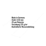 Infografik mit den wichtigsten Eckdaten des Kehlblechs: Made in Germany, Stahl 0,50 mm, 25 µm Polyester, Verzinkung 275