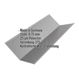 Kehlblech aus Stahl, Graualuminium RAL 9007, mit eingeblendeten Eckdaten zu Material und Beschichtung