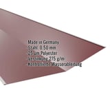 Kehlblech Weinrot RAL 3005, 0,50 mm Stahl, mit eingeblendeten Eckdaten Made in Germany, 25 µm Polyester