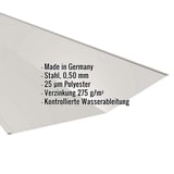 Kehlblech Lichtgrau RAL 7035, 0,50 mm Stahl, mit eingeblendeten Eckdaten zur Beschichtung und Herkunft