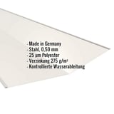 Kehlblech Reinweiß RAL 9010, Stahl 0,50 mm, mit eingeblendeten Eckdaten und Polyesterbeschichtung