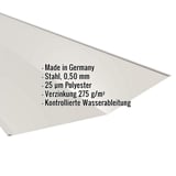Kehlblech Stahl Grauweiß 0,50 mm mit eingeblendeten Eckdaten wie Material, Staerke und Beschichtung