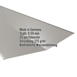 Kehlblech Graualuminium RAL 9007 mit eingeblendeten Eckdaten wie Material, Staerke und Beschichtung