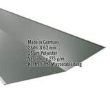 Kehlblech Stahl Chromoxidgrün, 0,63 mm, mit eingeblendeten Eckdaten zu Material und Beschichtung