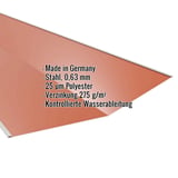 Kehlblech Kupferbraun RAL 8004 mit eingeblendeten Eckdaten wie Material Stahl 0,63 mm und 25 µm Polyesterbeschichtung