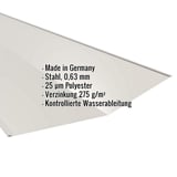 Kehlblech Grauweiß RAL 9002 aus Stahl 0,63 mm, Polyester 25 µm beschichtet, mit eingeblendeten Eckdaten