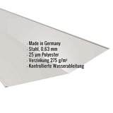 Kehlblech Weißaluminium mit eingeblendeten Eckdaten zu Material, Stärke und Beschichtung