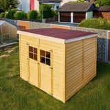 Gartenhaus mit Dach aus rotbraunen Kunststoff Profilplatten Scobanit light 76/18