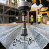 Metallschrauberklinge in Bohrmaschine befestigt, Schraube wird in Trapezblech gebohrt