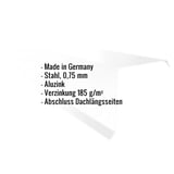 Infografik: Eckdaten des Ortgangwinkels aus Stahl 0,75 mm Aluzink, Verzinkung 185 g/m², Abschluss Dachlängsseiten