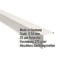 Ortgangwinkel aus Stahl, Reinweiß RAL 9010, mit eingeblendeten Eckdaten zu Material und Beschichtung
