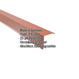Ortgangwinkel Kupferbraun RAL 8004 mit eingeblendeten Eckdaten wie Stahl, 0,63 mm, 25 µm Polyester