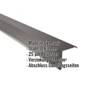 Ortgangwinkel Schokoladenbraun RAL 8017 mit eingeblendeten Eckdaten: Stahl, 0,63 mm, 25 µm Polyester, Verzinkung 275 g/m²,