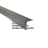 Ortgangwinkel Chromoxidgrün (RAL 6020) mit eingeblendeten Eckdaten: Stahl 0,75 mm, 25 µm Polyester, Made in Germany