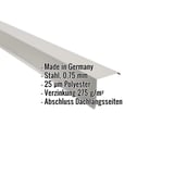 Ortgangwinkel aus Stahl in Weißaluminium (RAL 9006), 0,75 mm Stärke, mit eingeblendeten Eckdaten