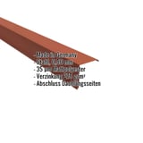 Ortgangwinkel Ziegelrot, 0,50 mm Stahl, 35 µm Mattpolyester, mit eingeblendeten Produktdaten