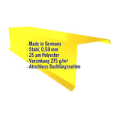 Ortgangwinkel aus Stahl, Rapsgelb RAL 1021, mit Polyesterbeschichtung und eingeblendeten Produktdaten