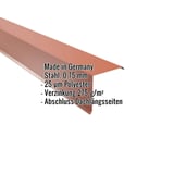Ortgangwinkel Kupferbraun RAL 8004, Stahl 0,75 mm, 25 µm Polyester, mit eingeblendeten Eckdaten