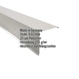 Ortgangwinkel aus Stahl in Weißaluminium RAL 9006, 0,63 mm Stärke, mit eingeblendeten Eckdaten