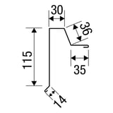 Technische Zeichnung Ortgangwinkel Stehfalzprofil 33/500 mit Massen 30, 36, 35, 115, 14 mm