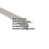 Ortgangwinkel Stehfalzprofil 33/500, Weißaluminium RAL 9006, mit eingeblendeten Eckdaten zu Material und Beschichtung