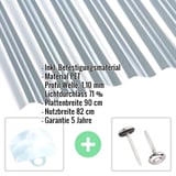 PET Wellplatte 76/18 klar, 1,10 mm mit eingeblendeten Eckdaten und Befestigungsmaterial