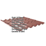 Pfannenblech 2/1060 rotbraun, 0,50 mm Stahl, mit eingeblendeten Eckdaten zu Material, Beschichtung und Massen