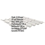 Pfannenblech Weißaluminium mit eingeblendeten Eckdaten zu Material, Stärke, Beschichtung und Maßen