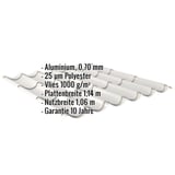 Pfannenblech Weißaluminium mit eingeblendeten Eckdaten zu Material, Staerke, Beschichtung und Garantie