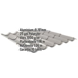 Pfannenblech Graualuminium mit eingeblendeten Eckdaten zu Material, Staerke, Beschichtung, Vlies und Massen