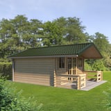 Pfannenblech 2/1060 Chromoxidgrün auf dem Dach eines Gartenhauses aus Holz mit Veranda