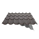 Pfannenblech 2/1060 sepiabraun mit teilweise sichtbarem Anti-Tropf-Vlies, schräg von der Seite