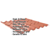 Pfannenblech Kupferbraun RAL 8004, 0,50 mm Stahl, 25 µm Polyester, Vlies 700 g/m², Eckdaten eingeblendet