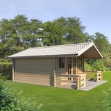 Pfannenblech Reinweiß RAL 9010 auf einem Gartenhaus mit Terrasse, Anwendungsbeispiel