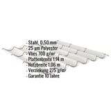 Pfannenblech Weißaluminium mit eingeblendeten Eckdaten zu Material, Stärke, Beschichtung und Maßen