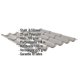 Pfannenblech Graualuminium mit eingeblendeten Eckdaten zu Material, Stärke, Beschichtung und Maßen
